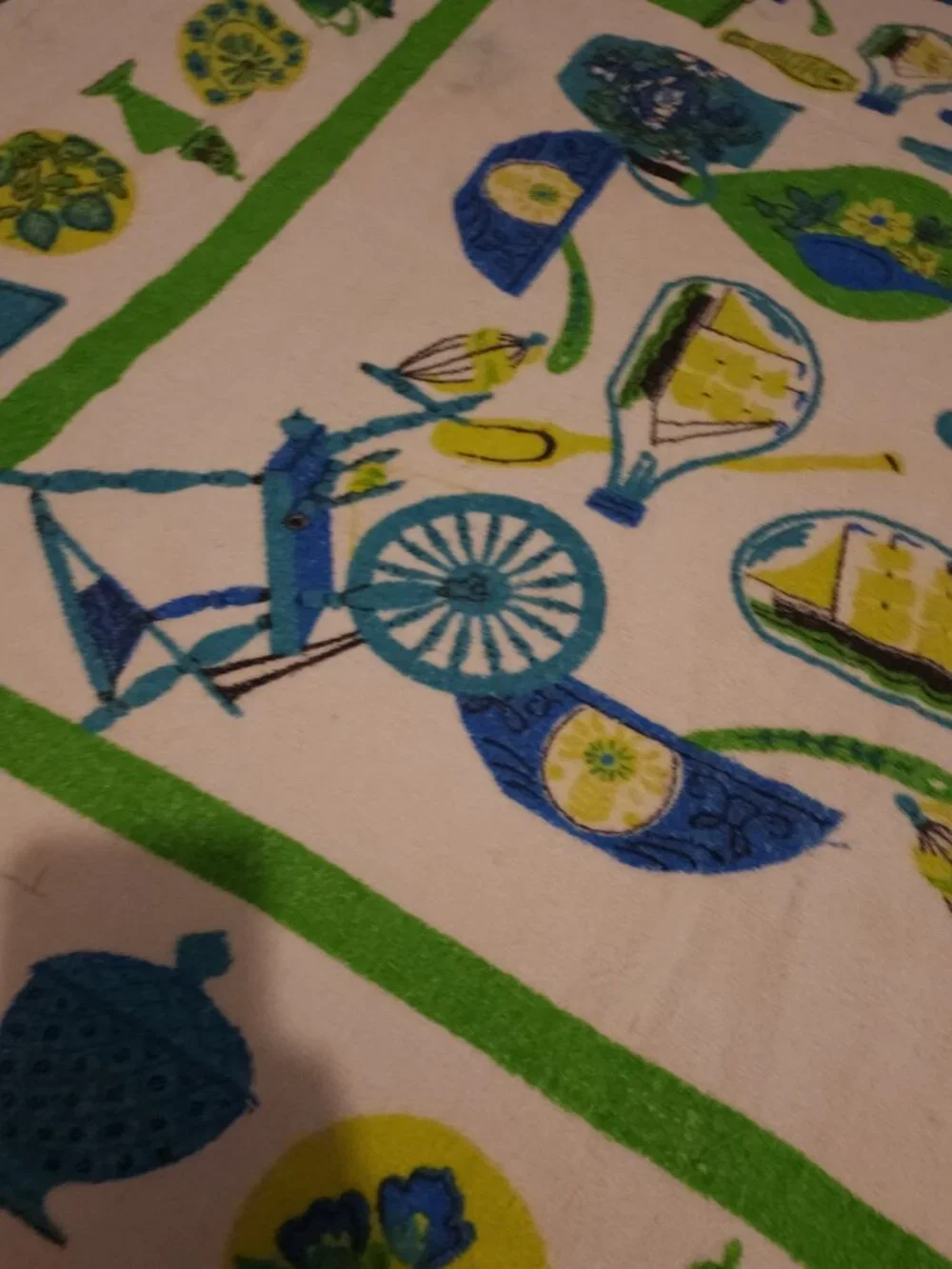 Vintage MCM Kitschy Kitchen Fabric Spice Vegetables Blue Green Brown Table Cloth